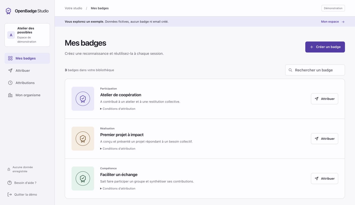 Exemple du studio : une bibliothèque de badges pour reconnaître une participation, une réalisation ou une compétence.